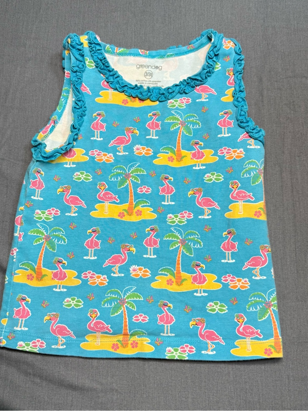 Greendog Girls' Blue Flamingo Ruffle Tank Top